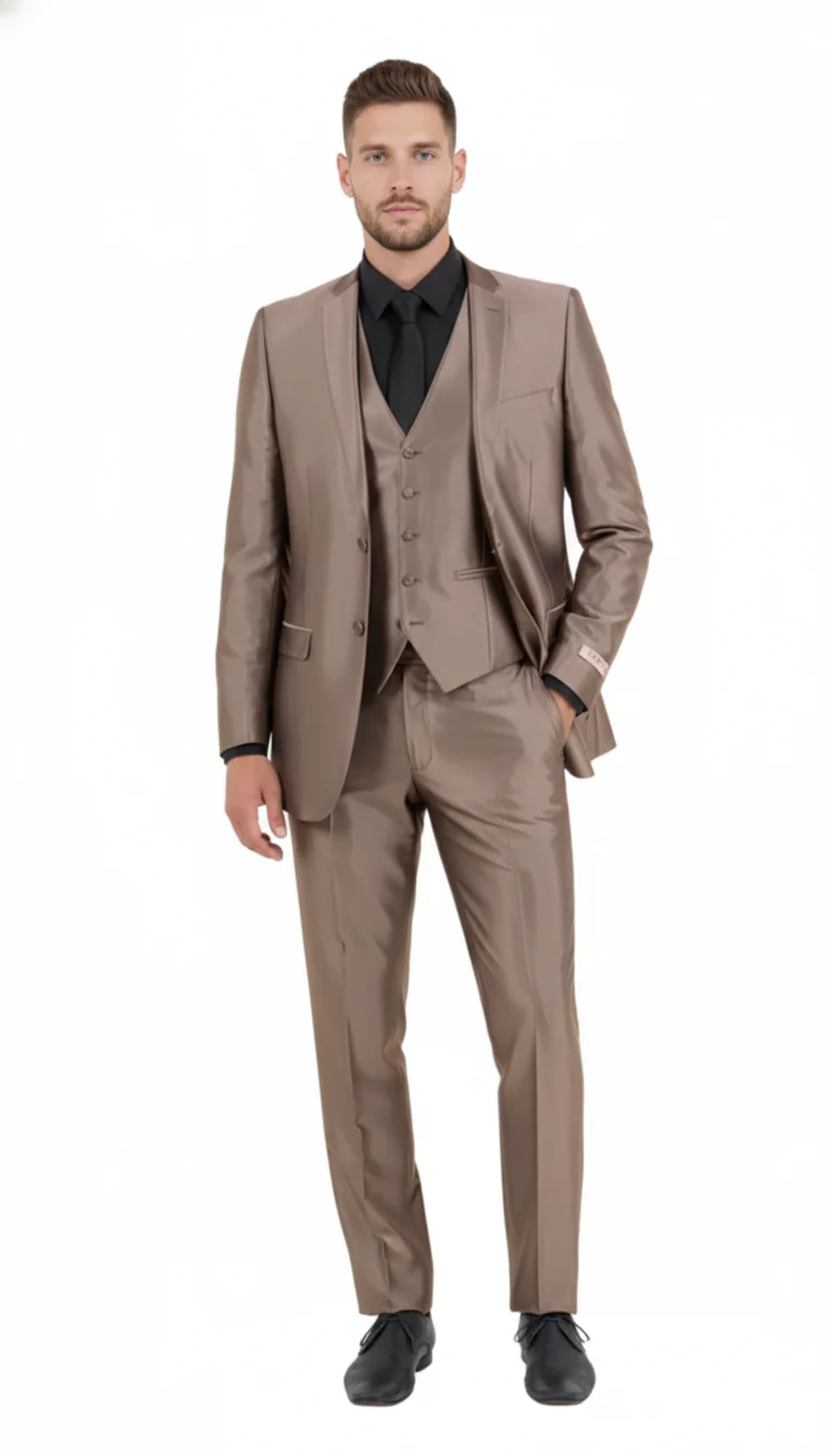 Men’s Sateen Shiny Metallic Mocca Taupe Gold Bronze 3-Piece Suit Set – Shiny Finish slim Fit Formal and Party Suit - Image 7
