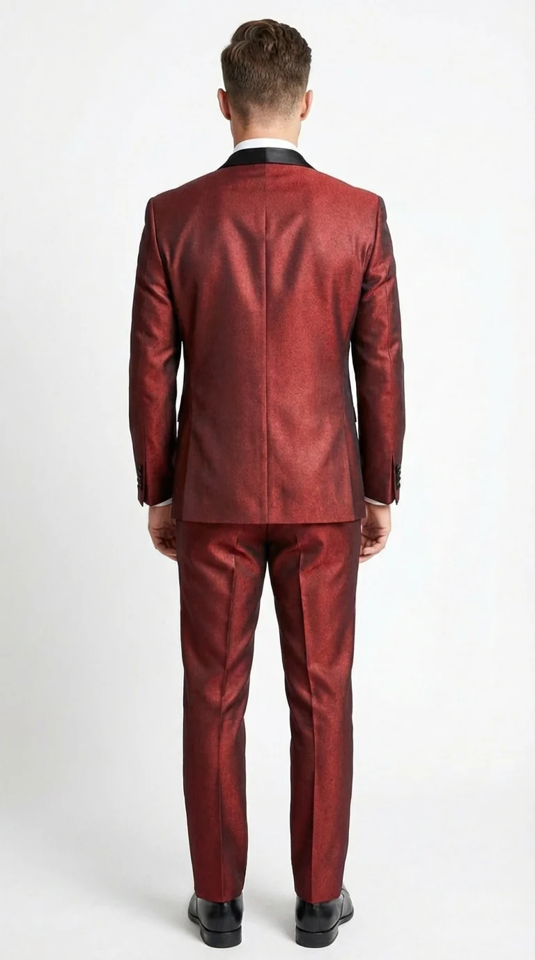 Men’s Shiny Burgundy Satin Tuxedo Jacket with Black Shawl Lapel | Formal Wedding & Prom Blazer - Sharkskin Fabric - Image 10