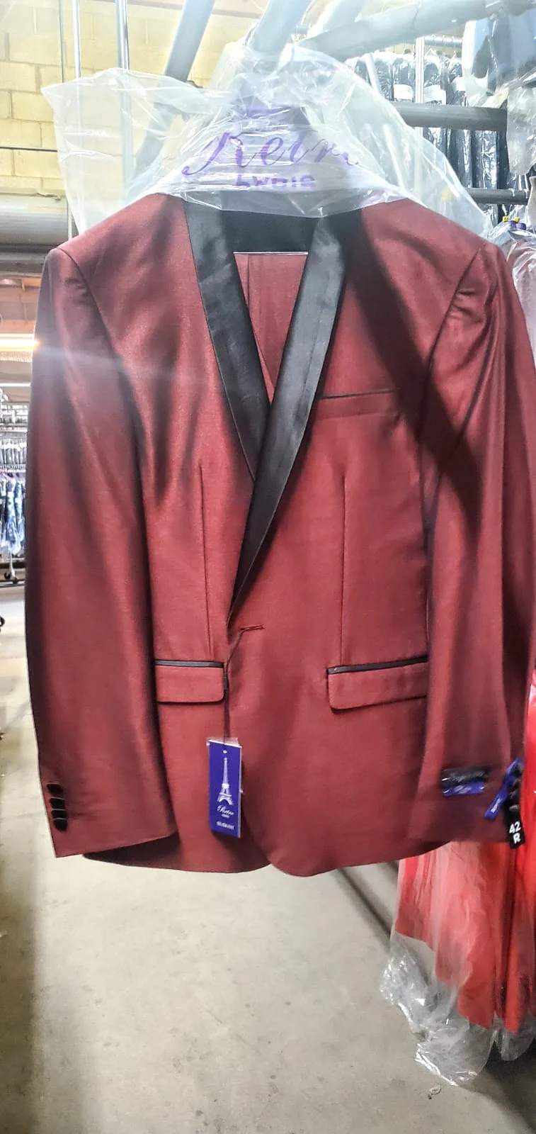 Men’s Shiny Burgundy Satin Tuxedo Jacket with Black Shawl Lapel | Formal Wedding & Prom Blazer - Sharkskin Fabric - Image 2