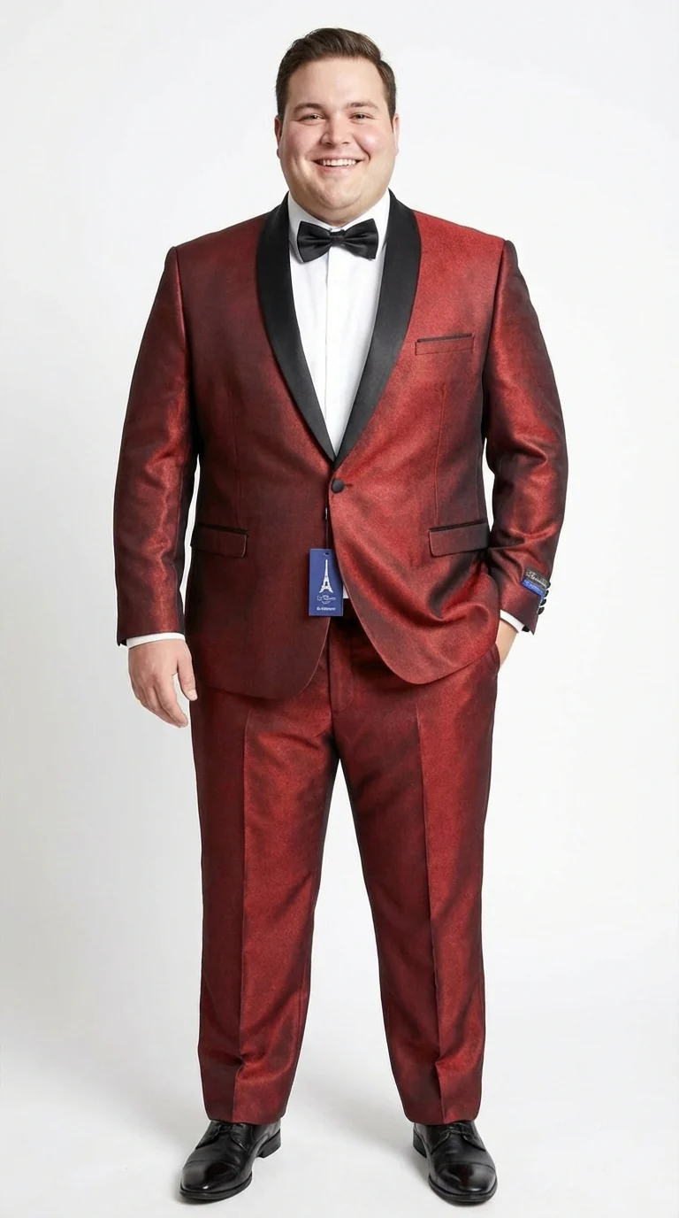 Men’s Shiny Burgundy Satin Tuxedo Jacket with Black Shawl Lapel | Formal Wedding & Prom Blazer - Sharkskin Fabric - Image 3