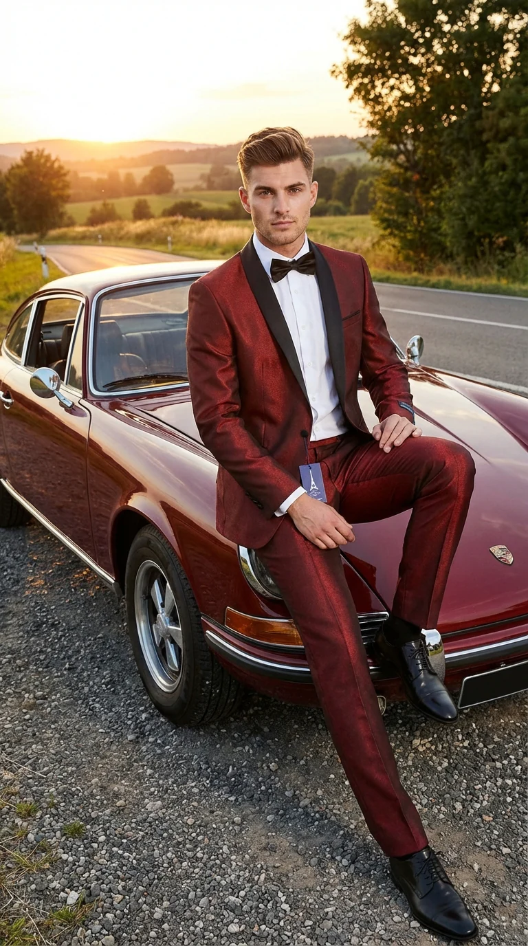 Men’s Shiny Burgundy Satin Tuxedo Jacket with Black Shawl Lapel | Formal Wedding & Prom Blazer - Sharkskin Fabric - Image 4
