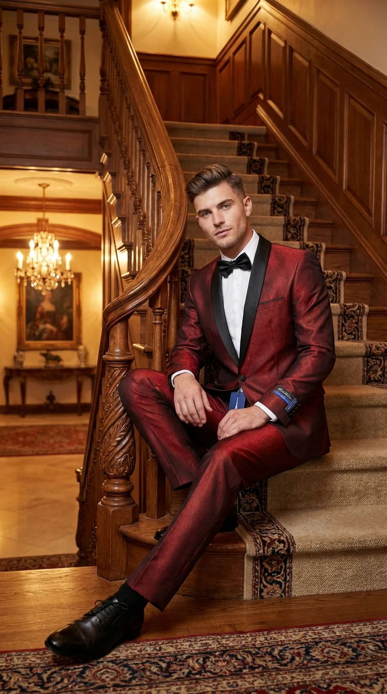 Men’s Shiny Burgundy Satin Tuxedo Jacket with Black Shawl Lapel | Formal Wedding & Prom Blazer - Sharkskin Fabric - Image 5