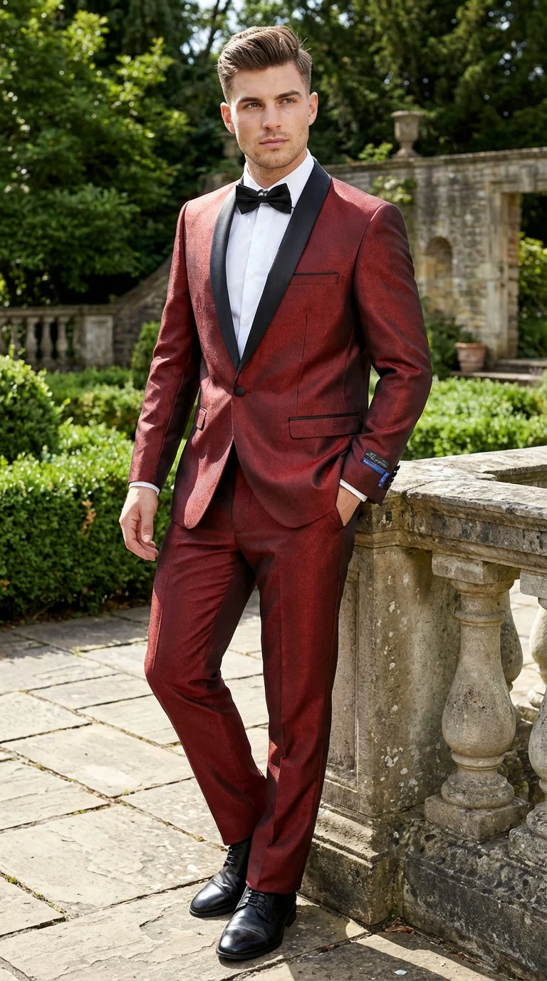 Men’s Shiny Burgundy Satin Tuxedo Jacket with Black Shawl Lapel | Formal Wedding & Prom Blazer - Sharkskin Fabric - Image 6