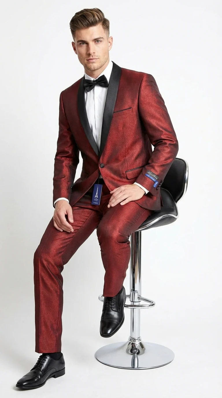 Men’s Shiny Burgundy Satin Tuxedo Jacket with Black Shawl Lapel | Formal Wedding & Prom Blazer - Sharkskin Fabric - Image 8
