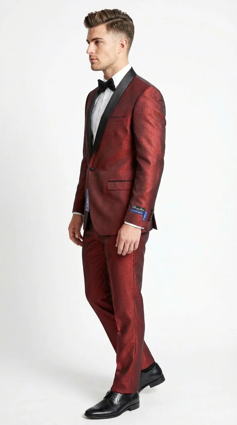 Men’s Shiny Burgundy Satin Tuxedo Jacket with Black Shawl Lapel | Formal Wedding & Prom Blazer - Sharkskin Fabric - Image 9