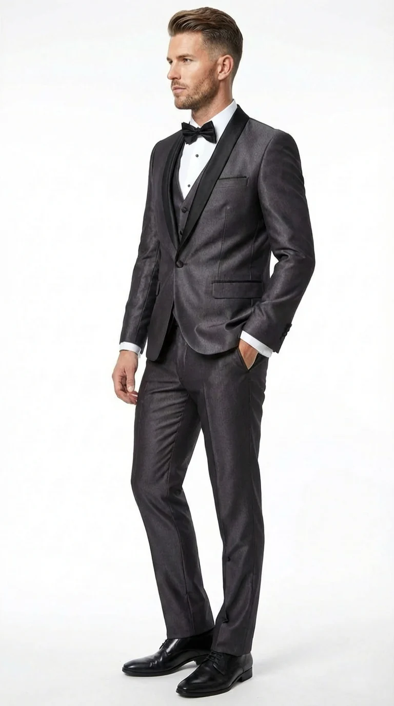 Men’s Shiny Sateen Charcoal Gray Tuxedo 3 Piece Suit with Black Shawl Lapel | Formal Wedding Prom Suit Sharkskin - Image 10