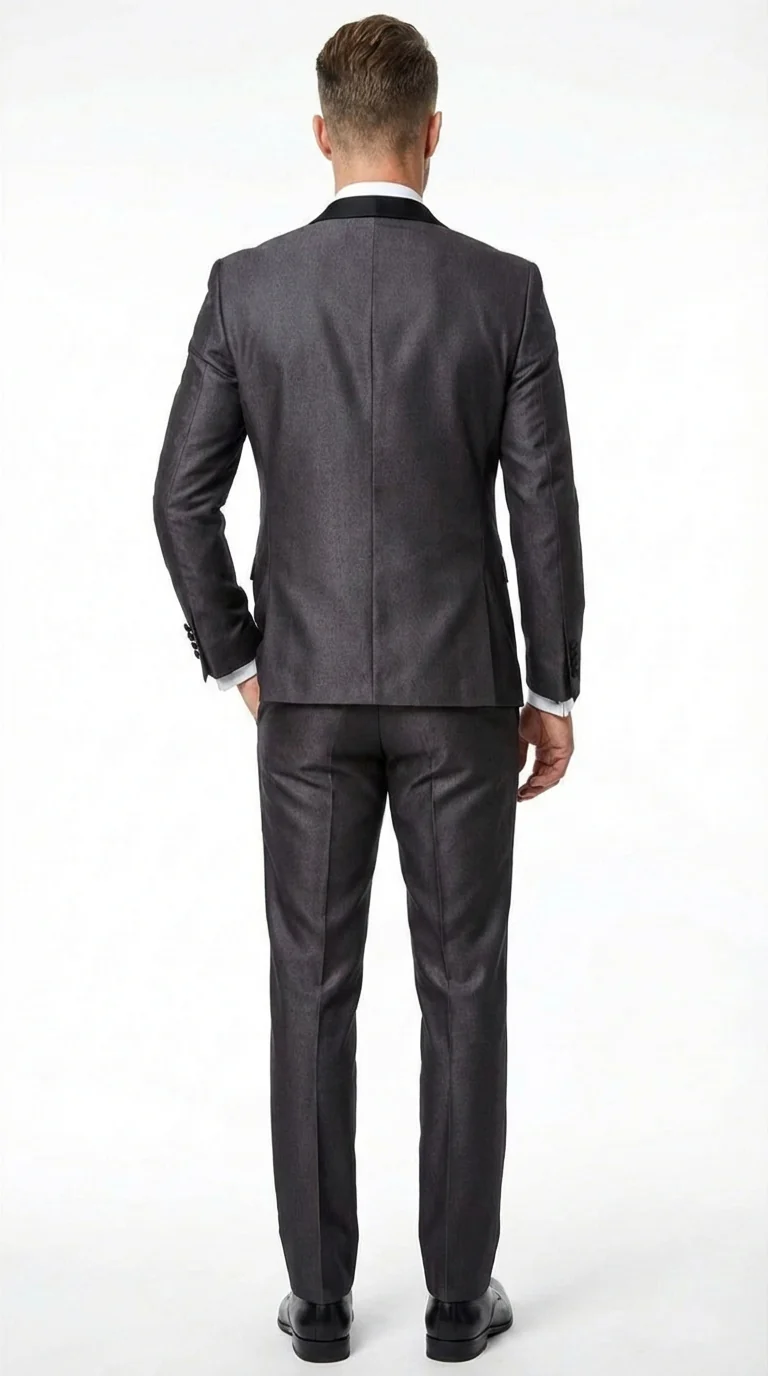 Men’s Shiny Sateen Charcoal Gray Tuxedo 3 Piece Suit with Black Shawl Lapel | Formal Wedding Prom Suit Sharkskin - Image 11