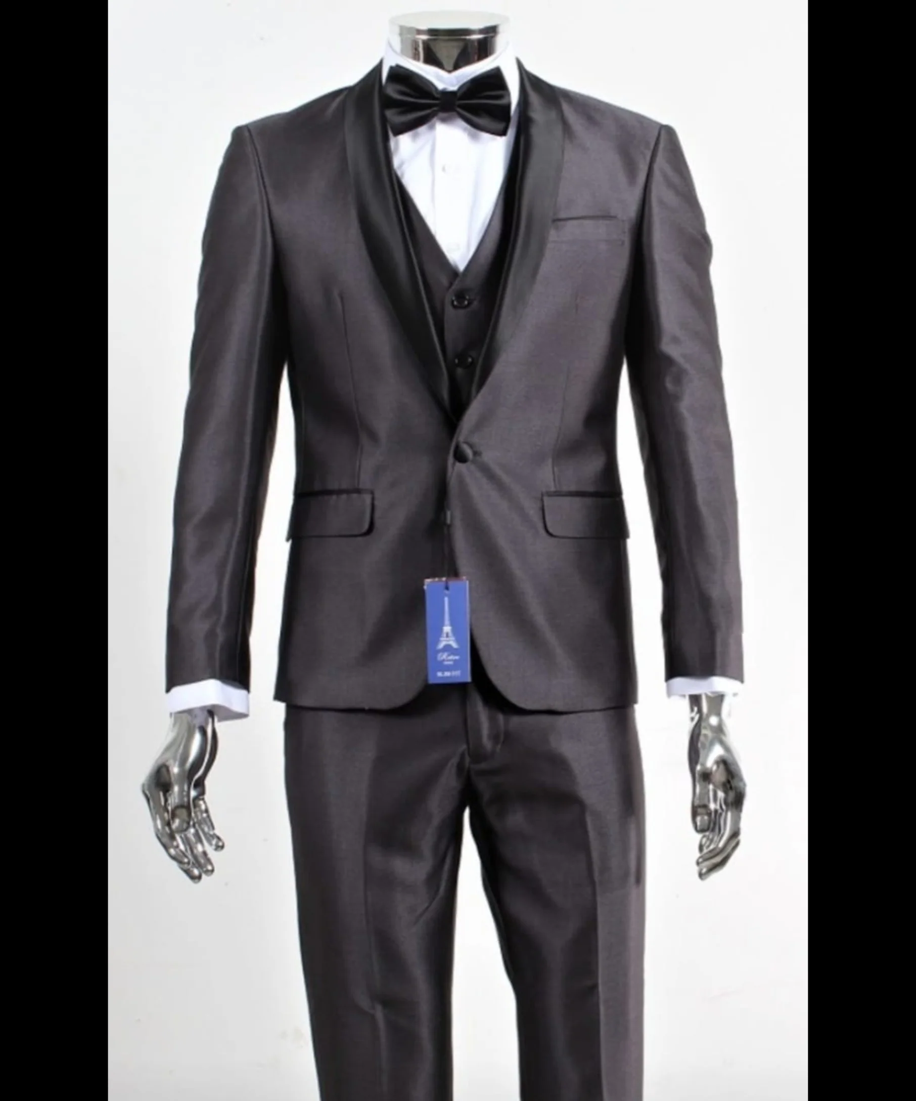 Men’s Shiny Sateen Charcoal Gray Tuxedo 3 Piece Suit with Black Shawl Lapel | Formal Wedding Prom Suit Sharkskin - Image 2