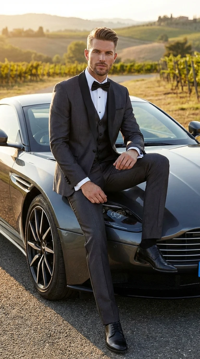 Men’s Shiny Sateen Charcoal Gray Tuxedo 3 Piece Suit with Black Shawl Lapel | Formal Wedding Prom Suit Sharkskin - Image 4