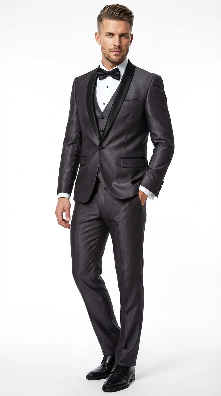 Men’s Shiny Sateen Charcoal Gray Tuxedo Three Piece Suit with Black Shawl Lapel | Formal Wedding Prom Suit Sharkskin