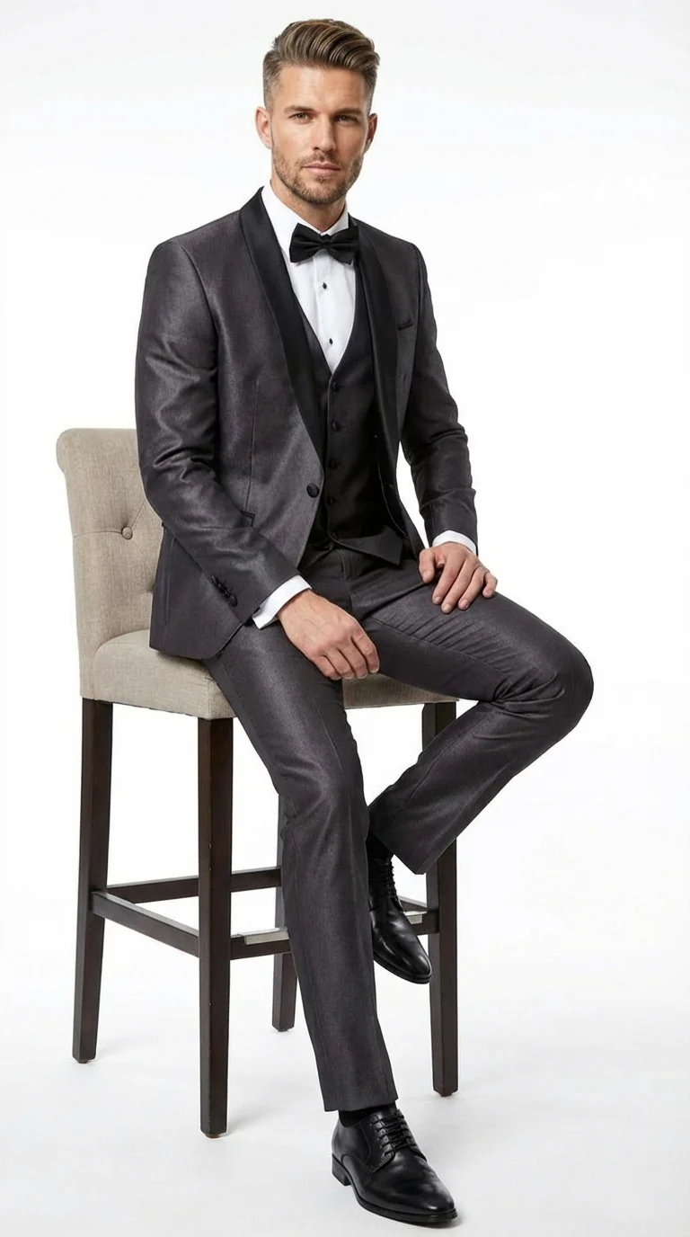 Men’s Shiny Sateen Charcoal Gray Tuxedo Three Piece Suit with Black Shawl Lapel | Formal Wedding Prom Suit Sharkskin - Image 9