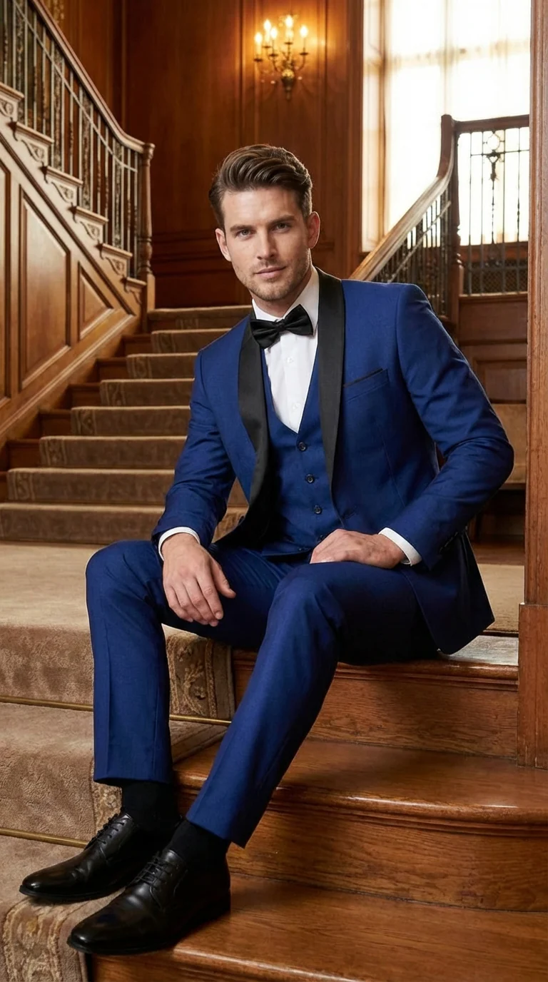 Men’s Shiny Sharkskin Saphire Royal Blue Tuxedo 3 Piece Suit with Black Shawl Lapel | Formal Wedding Prom Suit Shiny Fabric - Image 10