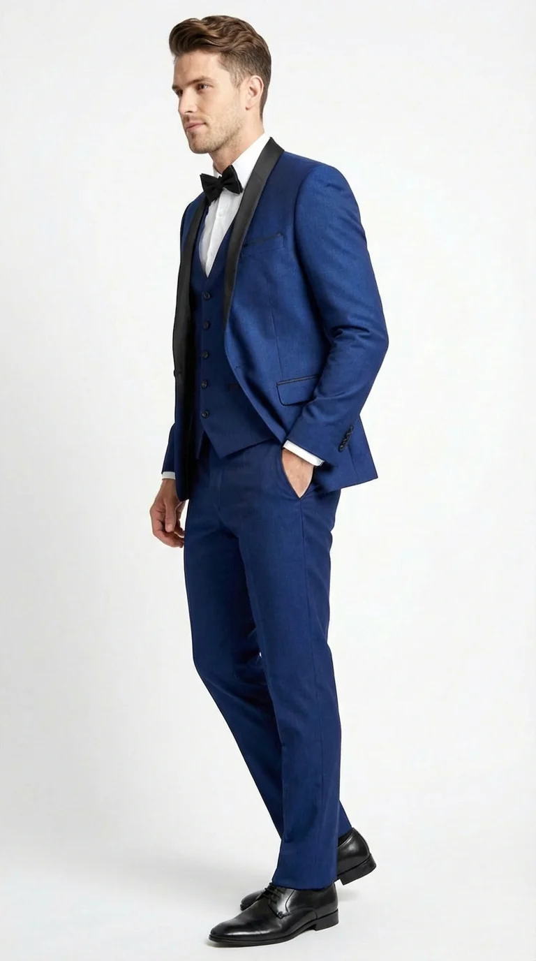 Men’s Shiny Sharkskin Saphire Royal Blue Tuxedo 3 Piece Suit with Black Shawl Lapel | Formal Wedding Prom Suit Shiny Fabric - Image 3