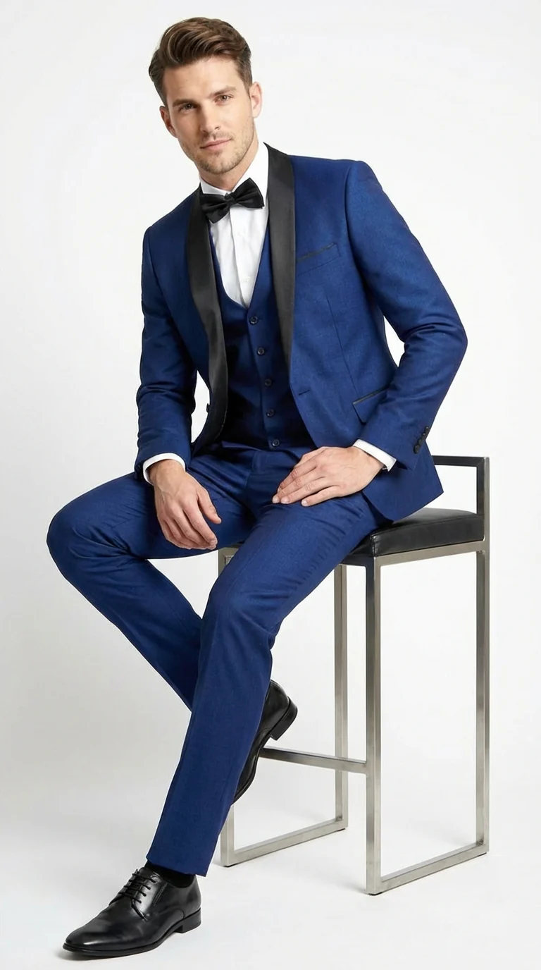 Men’s Shiny Sharkskin Saphire Royal Blue Tuxedo 3 Piece Suit with Black Shawl Lapel | Formal Wedding Prom Suit Shiny Fabric - Image 4