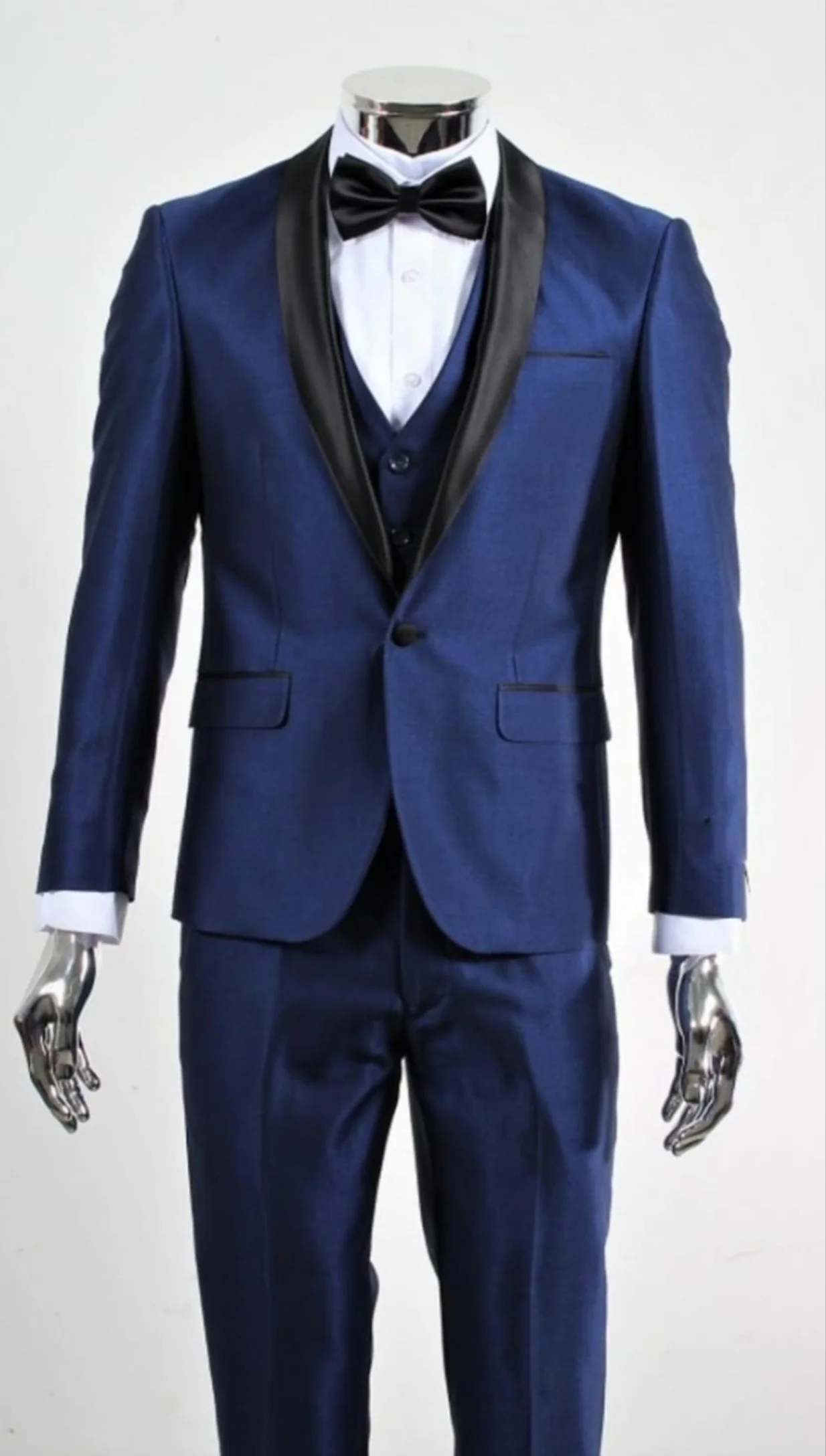 Men’s Shiny Sharkskin Saphire Royal Blue Tuxedo 3 Piece Suit with Black Shawl Lapel | Formal Wedding Prom Suit Shiny Fabric - Image 6