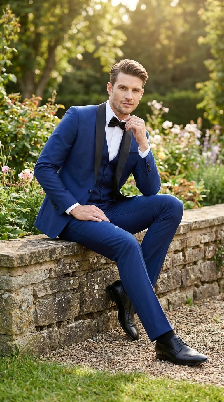 Men’s Shiny Sharkskin Saphire Royal Blue Tuxedo 3 Piece Suit with Black Shawl Lapel | Formal Wedding Prom Suit Shiny Fabric - Image 8
