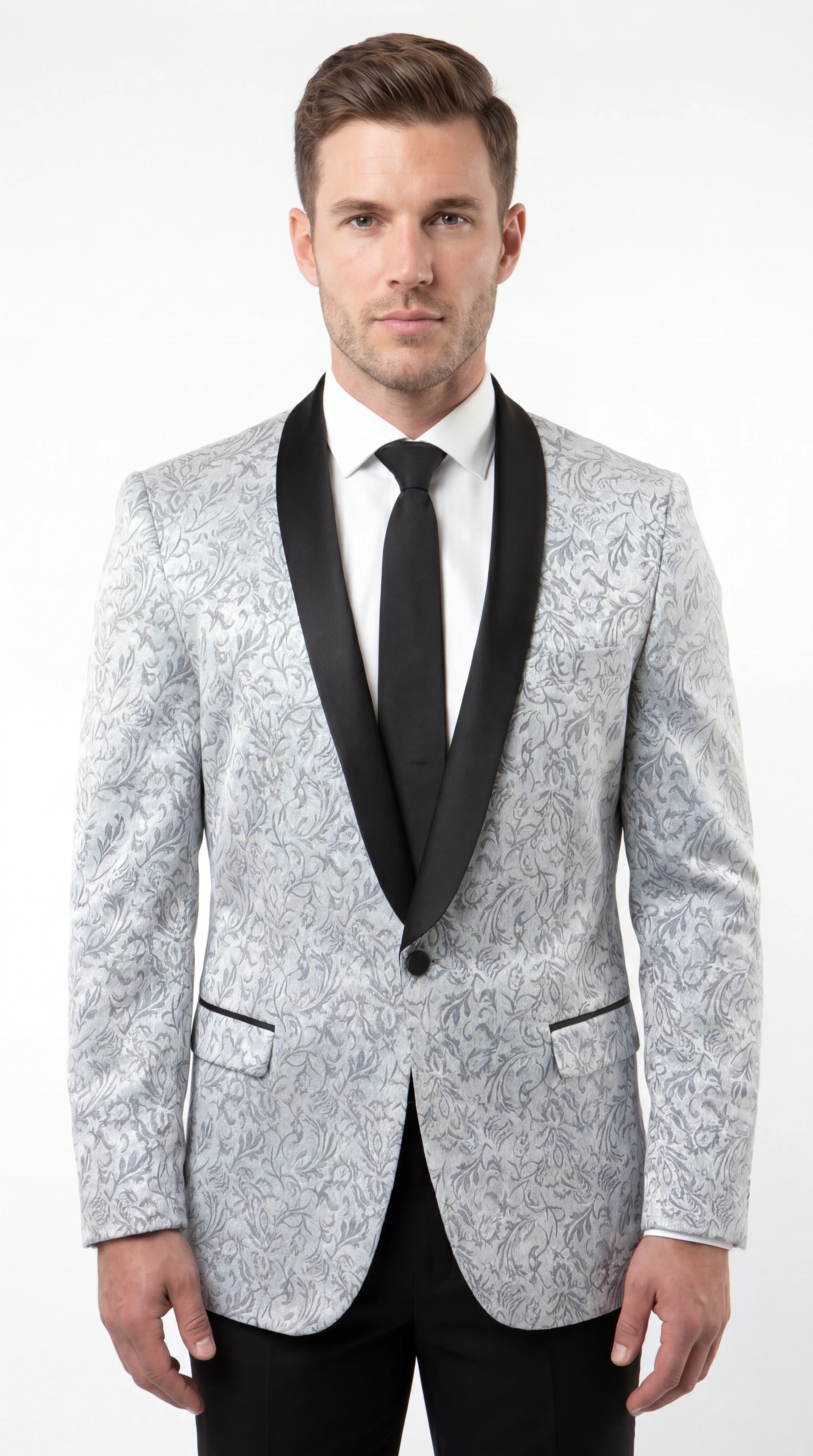 Men’s Silver and Black Floral Blazer – Elegant Formal Tuxedo Style Blazer Jacket for Wedding, Party, Prom and Evening Wear - Image 12