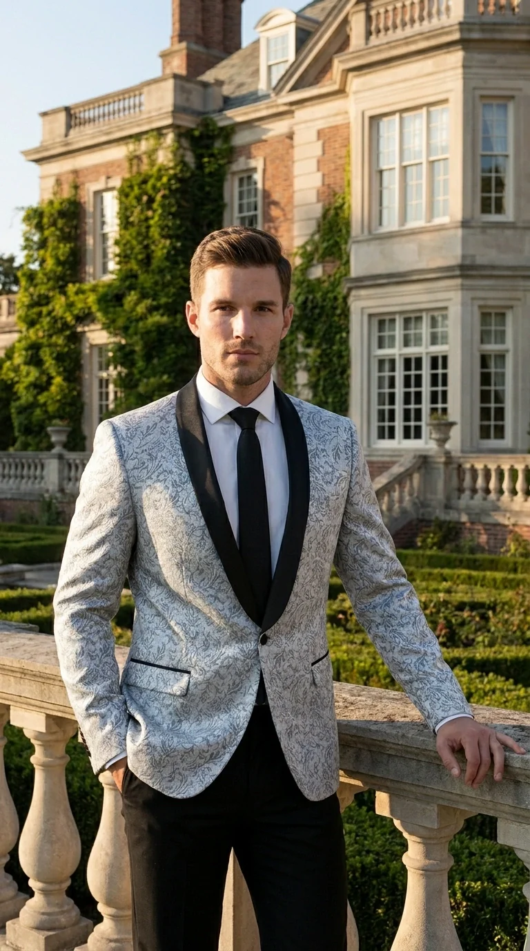 Men’s Silver and Black Floral Blazer – Elegant Formal Tuxedo Style Blazer Jacket for Wedding, Party, Prom and Evening Wear - Image 13