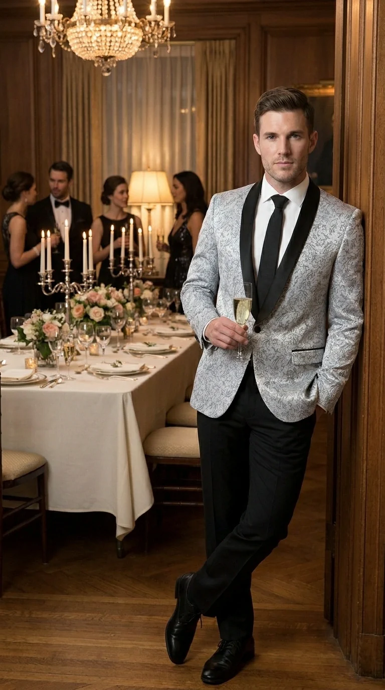 Men’s Silver and Black Floral Blazer – Elegant Formal Tuxedo Style Blazer Jacket for Wedding, Party, Prom and Evening Wear - Image 14
