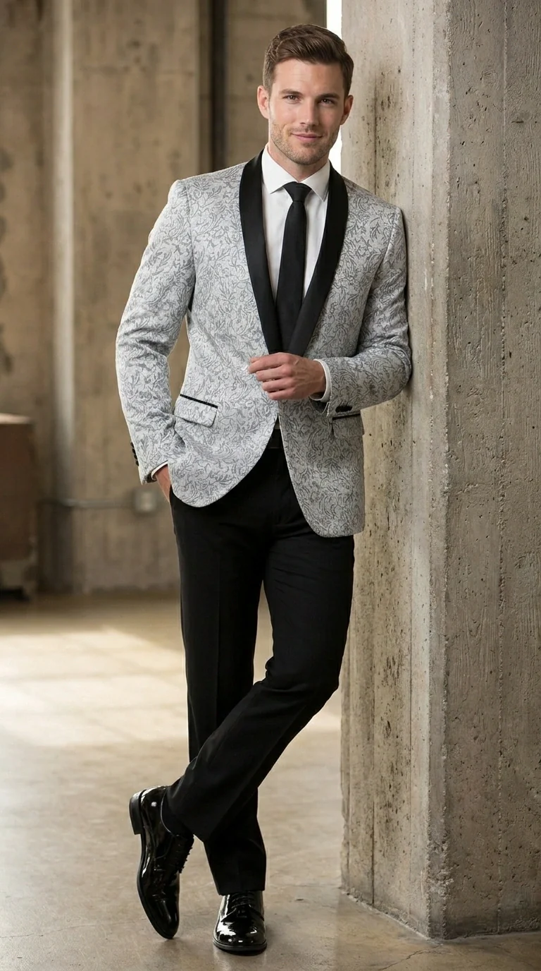 Men’s Silver and Black Floral Blazer – Elegant Formal Tuxedo Style Blazer Jacket for Wedding, Party, Prom and Evening Wear - Image 3