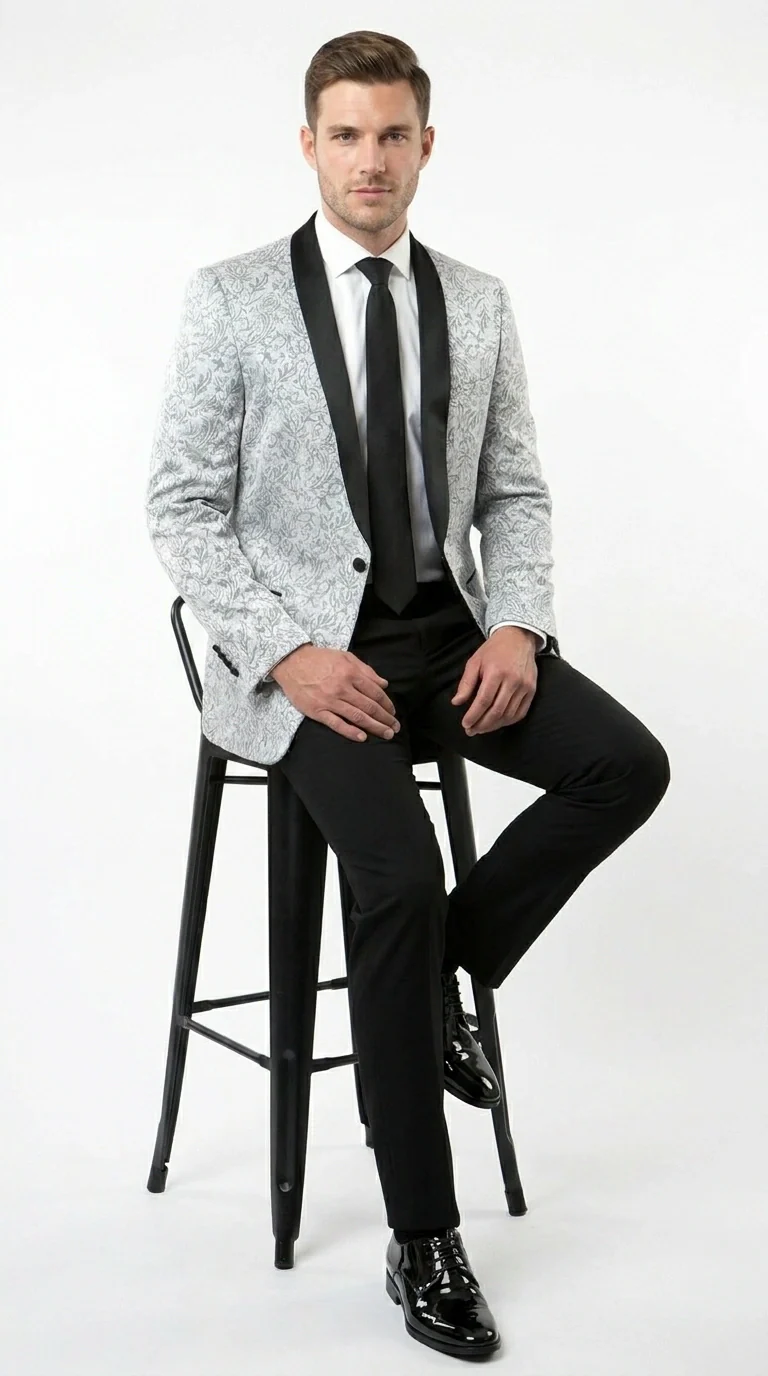 Men’s Silver and Black Floral Blazer – Elegant Formal Tuxedo Style Blazer Jacket for Wedding, Party, Prom and Evening Wear - Image 4