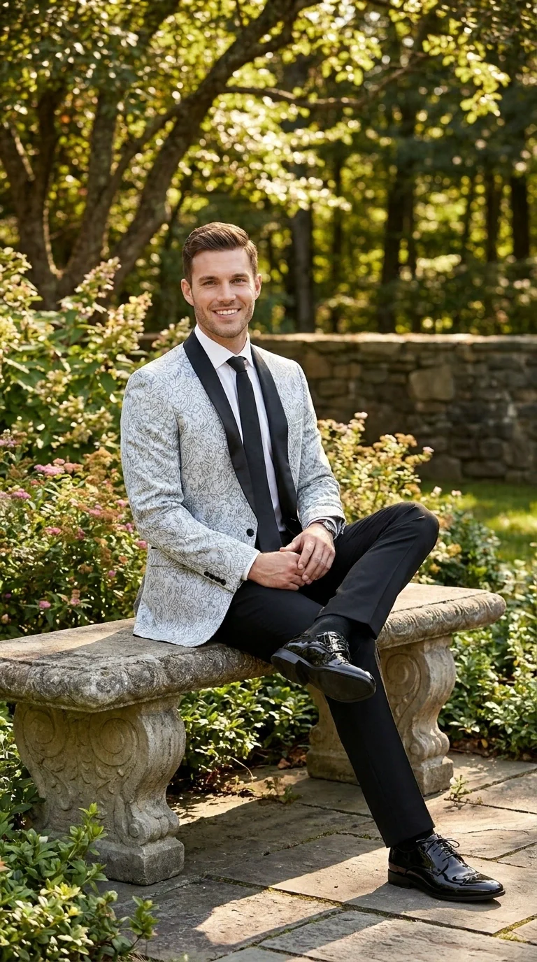 Men’s Silver and Black Floral Blazer – Elegant Formal Tuxedo Style Blazer Jacket for Wedding, Party, Prom and Evening Wear - Image 5