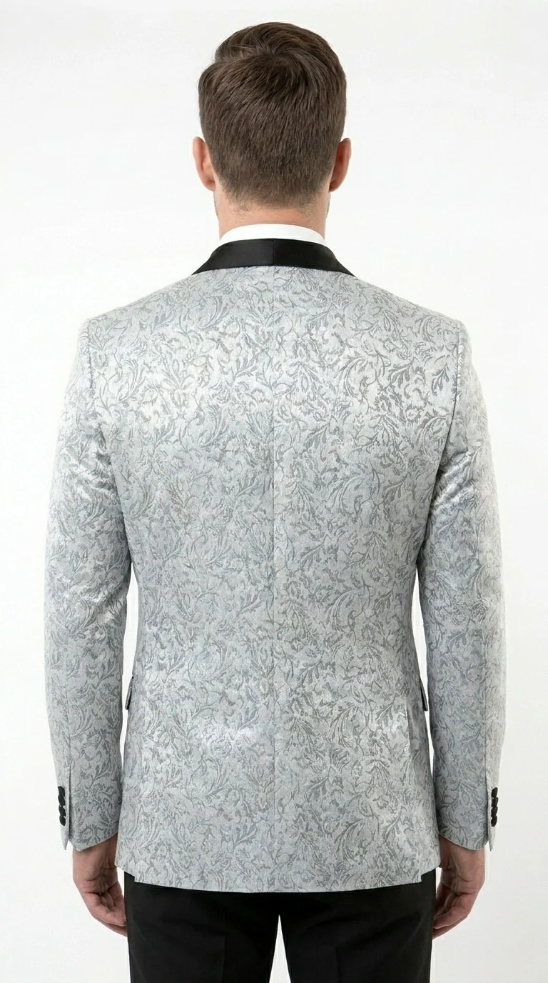 Men’s Silver and Black Floral Blazer – Elegant Formal Tuxedo Style Blazer Jacket for Wedding, Party, Prom and Evening Wear - Image 6