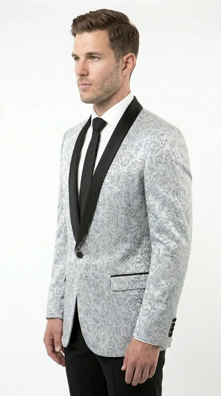 Men’s Silver and Black Floral Blazer – Elegant Formal Tuxedo Style Blazer Jacket for Wedding, Party, Prom and Evening Wear - Image 7