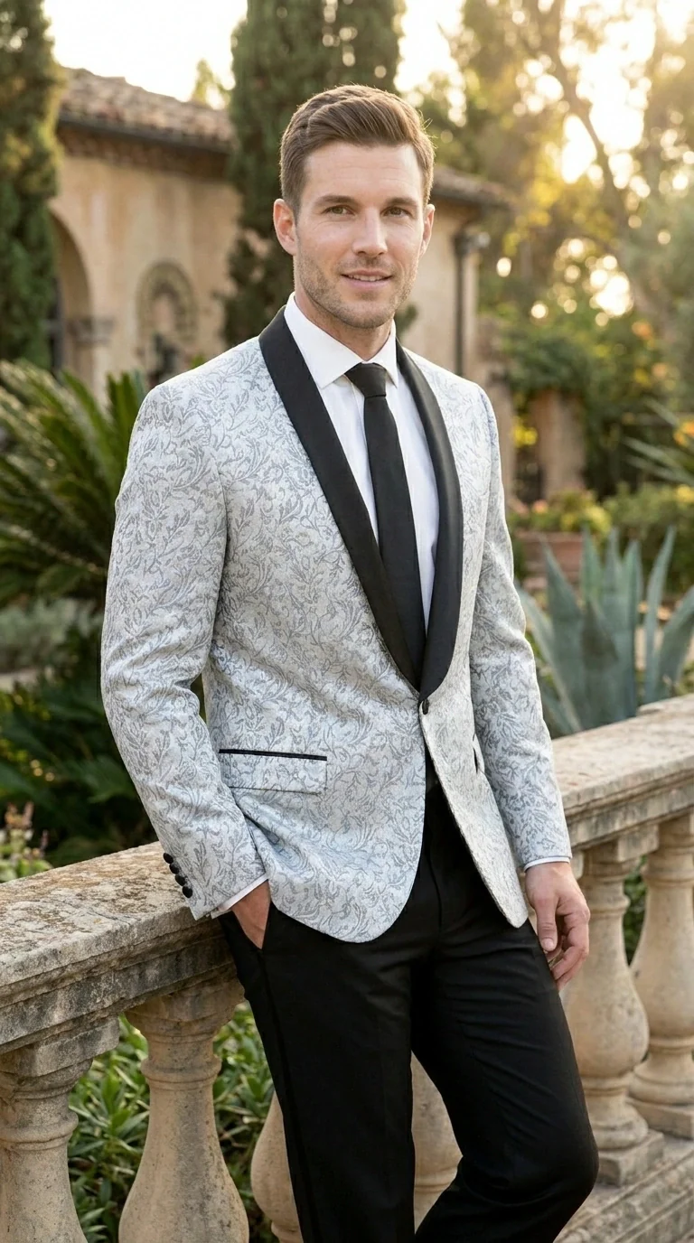 Men’s Silver and Black Floral Blazer – Elegant Formal Tuxedo Style Blazer Jacket for Wedding, Party, Prom and Evening Wear - Image 9