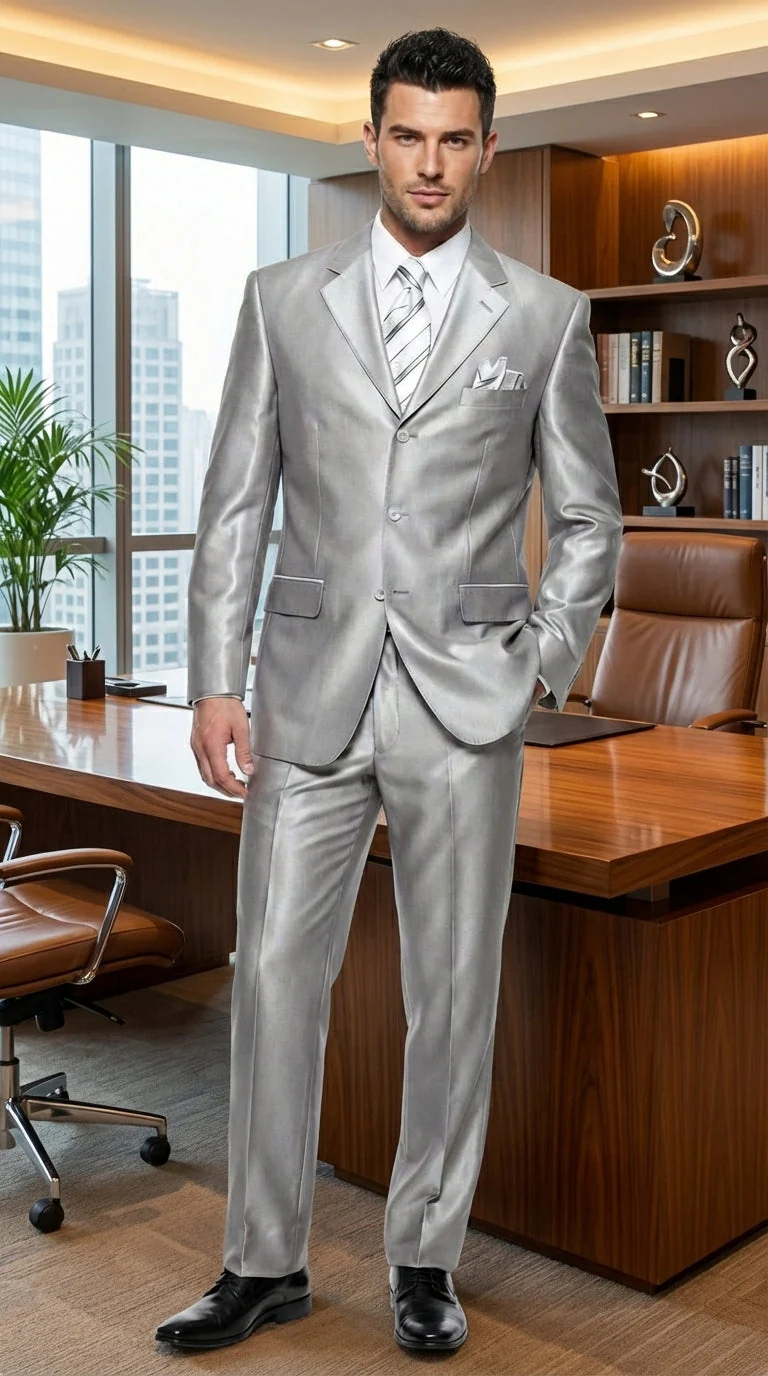 Men’s Silver Grey Sharkskin Suit – 3 Button Classic Fit Shiny Formal Suit for Wedding, Business and Party Wear - Image 11