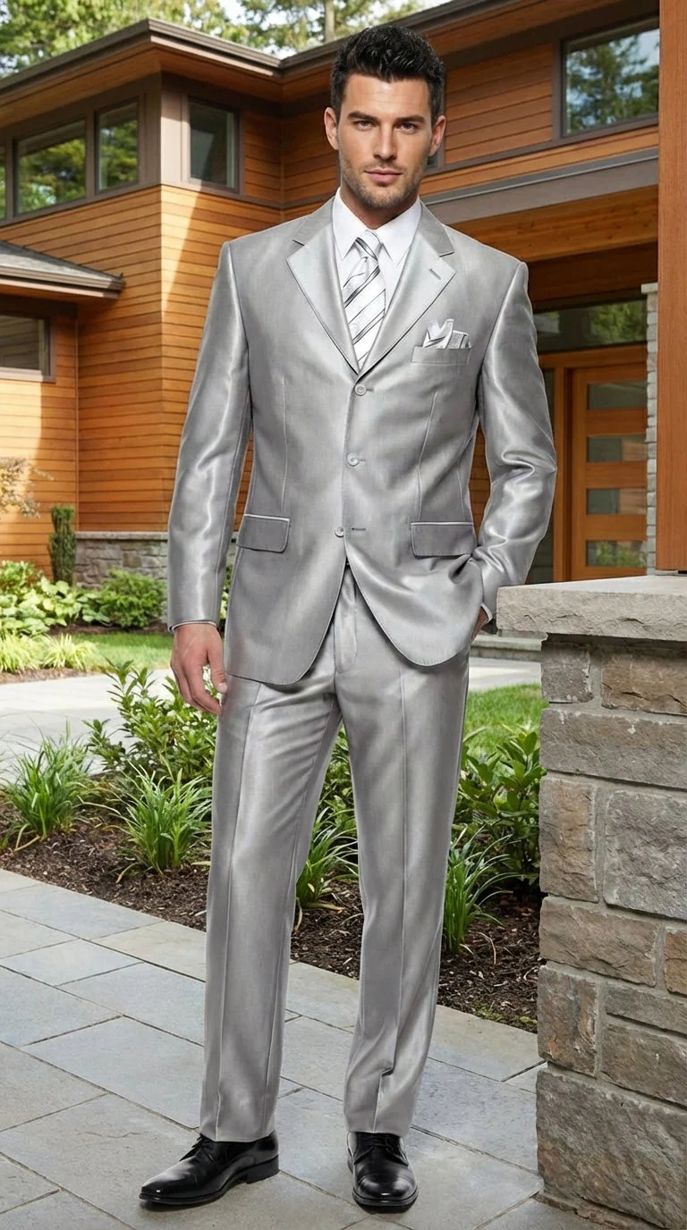 Men’s Silver Grey Sharkskin Suit – 3 Button Classic Fit Shiny Formal Suit for Wedding, Business and Party Wear - Image 13