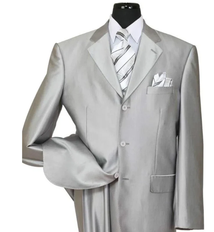 Men’s Silver Grey Sharkskin Suit – 3 Button Classic Fit Shiny Formal Suit for Wedding, Business and Party Wear - Image 15