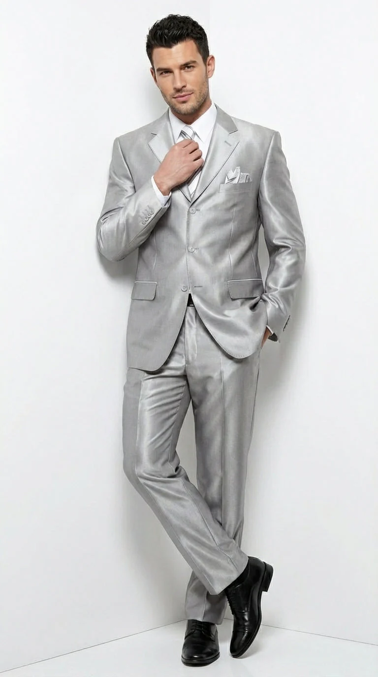 Men’s Silver Grey Sharkskin Suit – 3 Button Classic Fit Shiny Formal Suit for Wedding, Business and Party Wear - Image 3