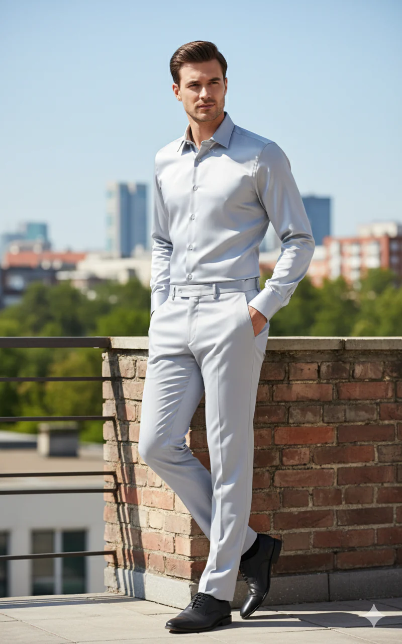 Men’s Silver Satin Dress Shirt and Pants Set – Luxury Slim Fit Outfit for Parties, Weddings, and Formal Events - Image 4