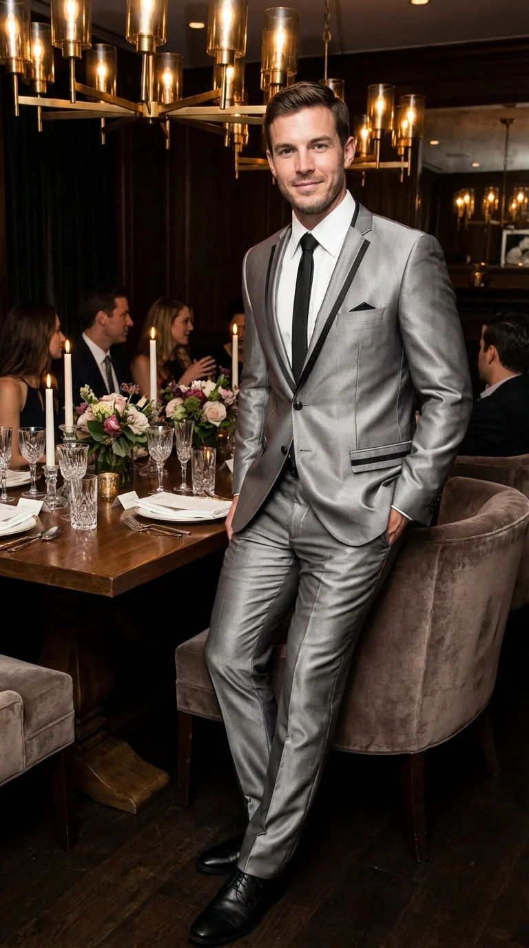 Men’s Silver Sharkskin Tuxedo Suit with Black Piping – Shiny Two Button Formal Suit for Wedding, Prom and Party Wear - Image 10