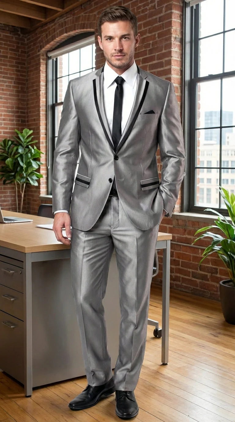 Men’s Silver Sharkskin Tuxedo Suit with Black Piping – Shiny Two Button Formal Suit for Wedding, Prom and Party Wear - Image 11