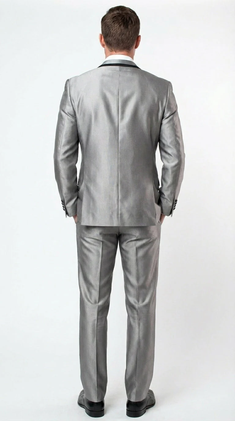 Men’s Silver Sharkskin Tuxedo Suit with Black Piping – Shiny Two Button Formal Suit for Wedding, Prom and Party Wear - Image 2