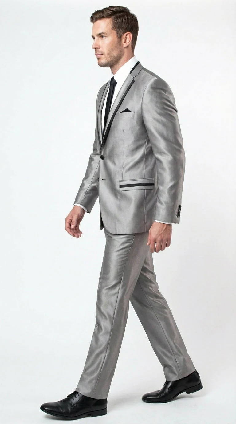 Men’s Silver Sharkskin Tuxedo Suit with Black Piping – Shiny Two Button Formal Suit for Wedding, Prom and Party Wear - Image 4