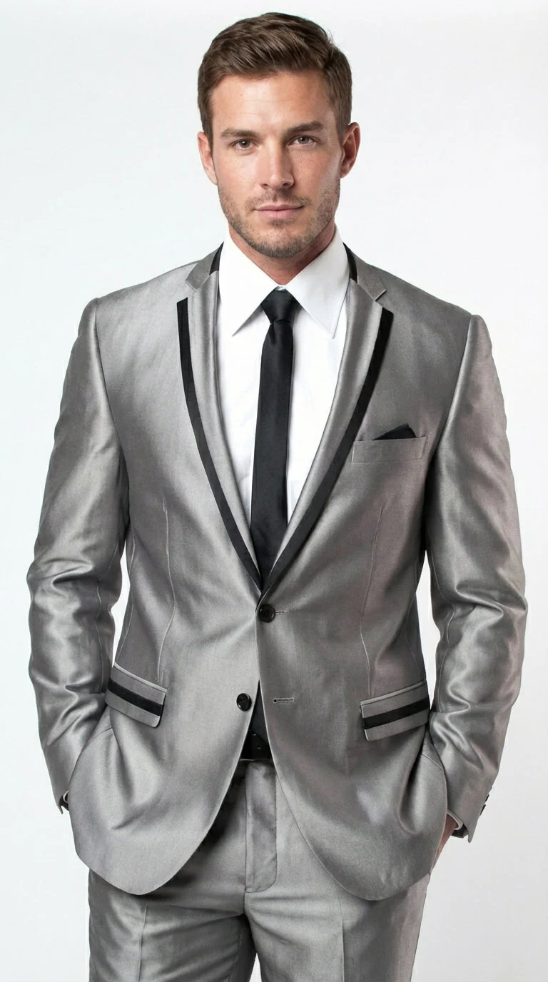 Men’s Silver Sharkskin Tuxedo Suit with Black Piping – Shiny Two Button Formal Suit for Wedding, Prom and Party Wear - Image 5