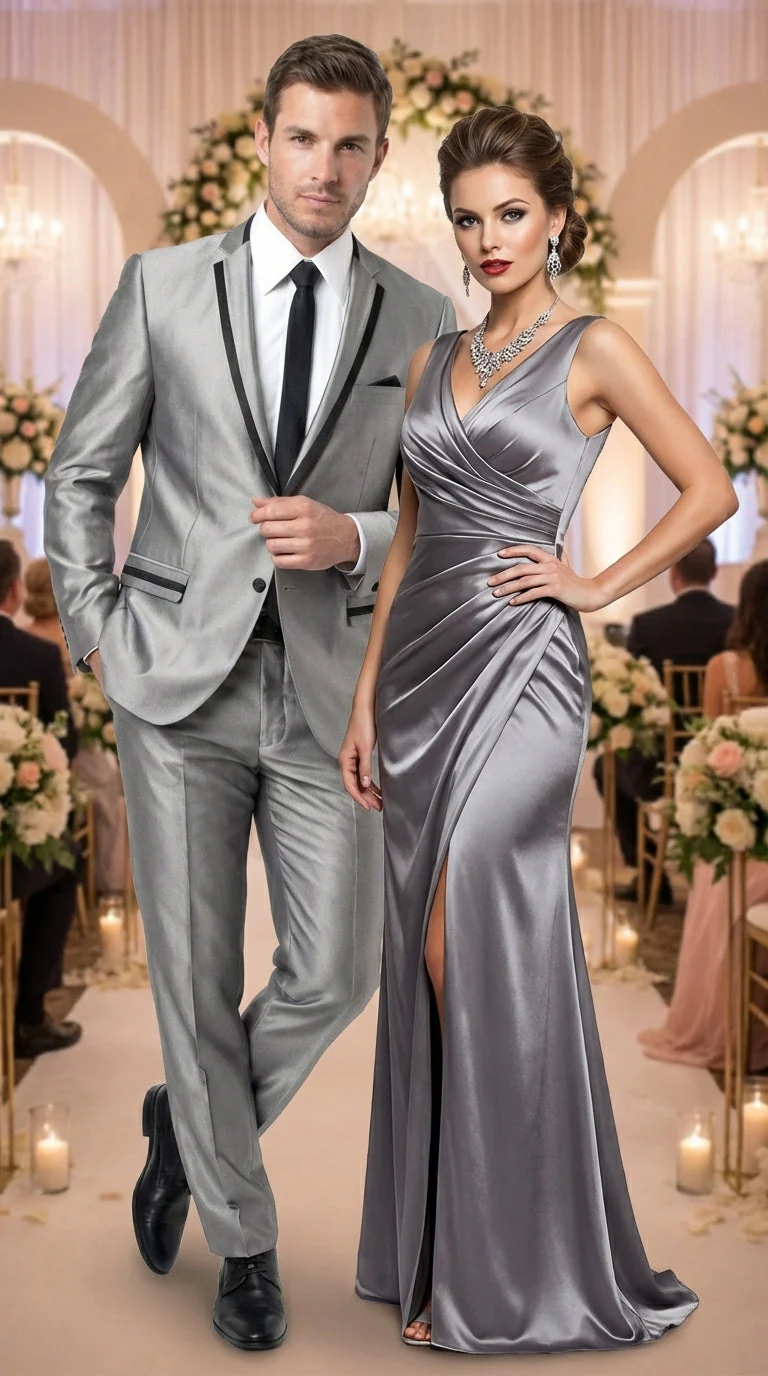 Men’s Silver Sharkskin Tuxedo Suit with Black Piping – Shiny Two Button Formal Suit for Wedding, Prom and Party Wear - Image 6