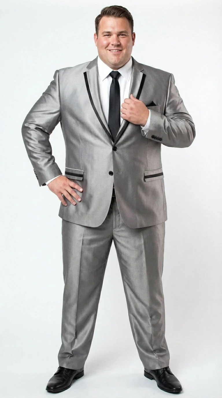 Men’s Silver Sharkskin Tuxedo Suit with Black Piping – Shiny Two Button Formal Suit for Wedding, Prom and Party Wear - Image 7