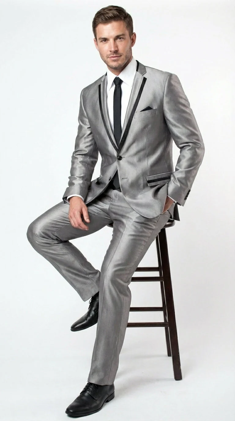 Men’s Silver Sharkskin Tuxedo Suit with Black Piping – Shiny Two Button Formal Suit for Wedding, Prom and Party Wear - Image 8