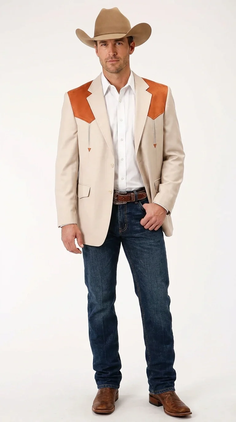 Men’s Tan Beige and Rust Western Cowboy Blazer – Classic Country Style Jacket, Vintage Western Dress Blazer for Men Country Jacket - Image 2