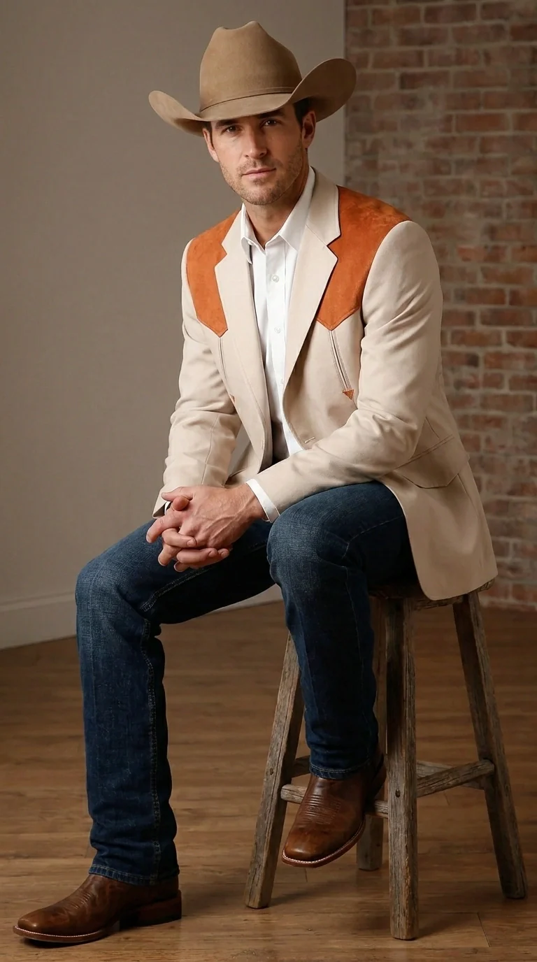 Men’s Tan Beige and Rust Western Cowboy Blazer – Classic Country Style Jacket, Vintage Western Dress Blazer for Men Country Jacket - Image 4