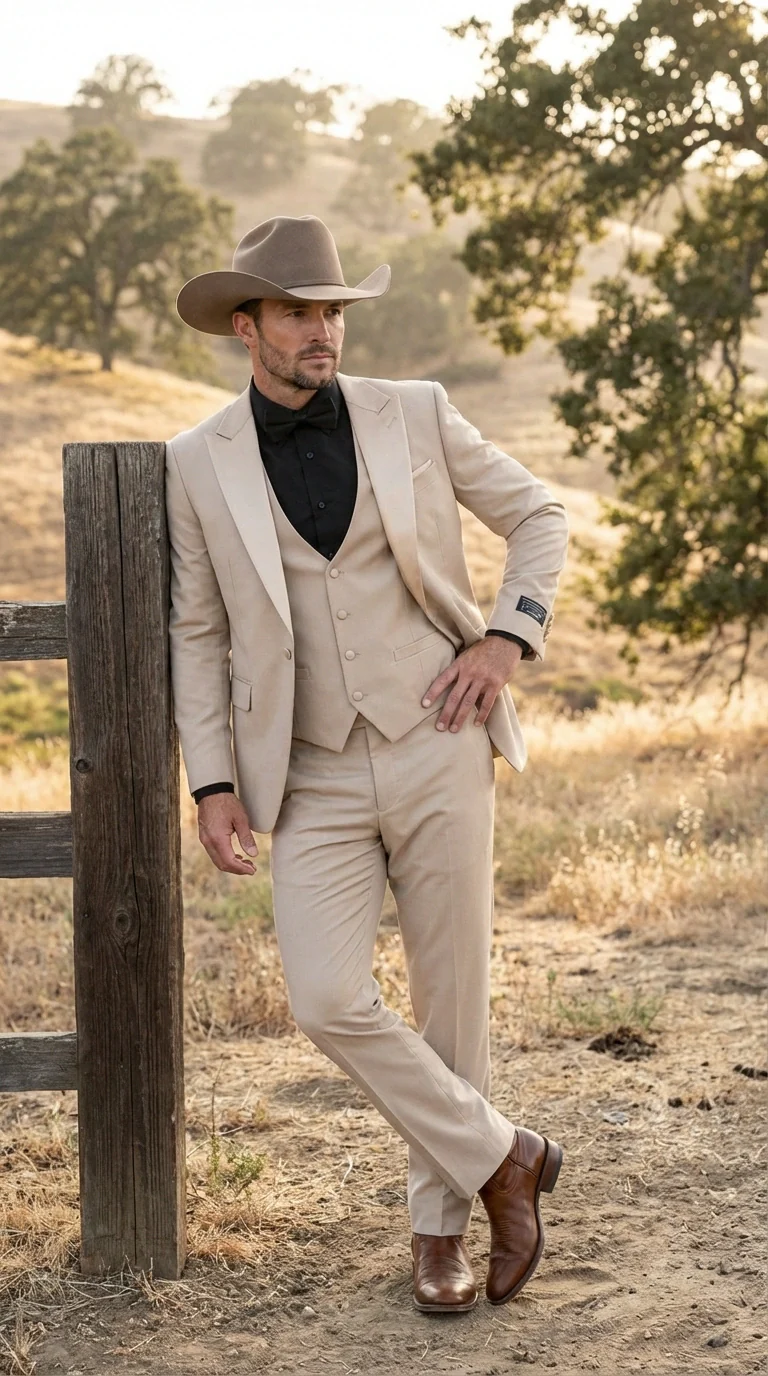 Men’s Tan Cowboy Suit – Western Formal Two Piece Suit for Weddings,  Champaign Sand Color - Image 10