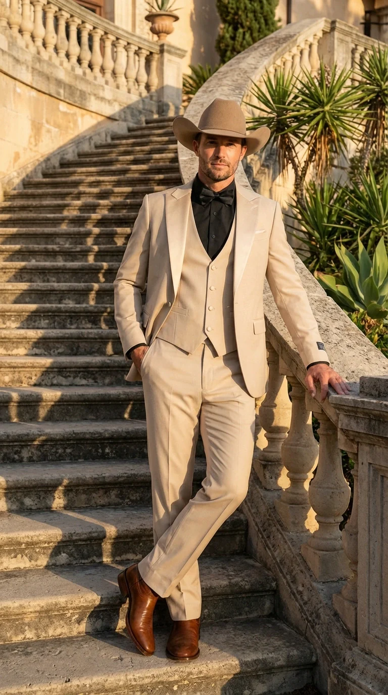 Men’s Tan Cowboy Suit – Western Formal Two Piece Suit for Weddings,  Champaign Sand Color - Image 12