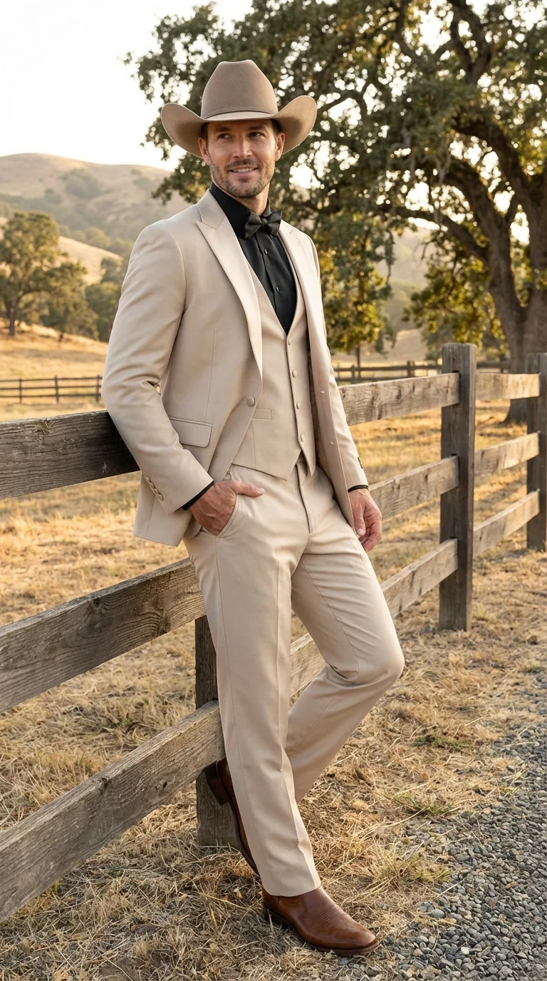 Men’s Tan Cowboy Suit – Western Formal Two Piece Suit for Weddings,  Champaign Sand Color - Image 13