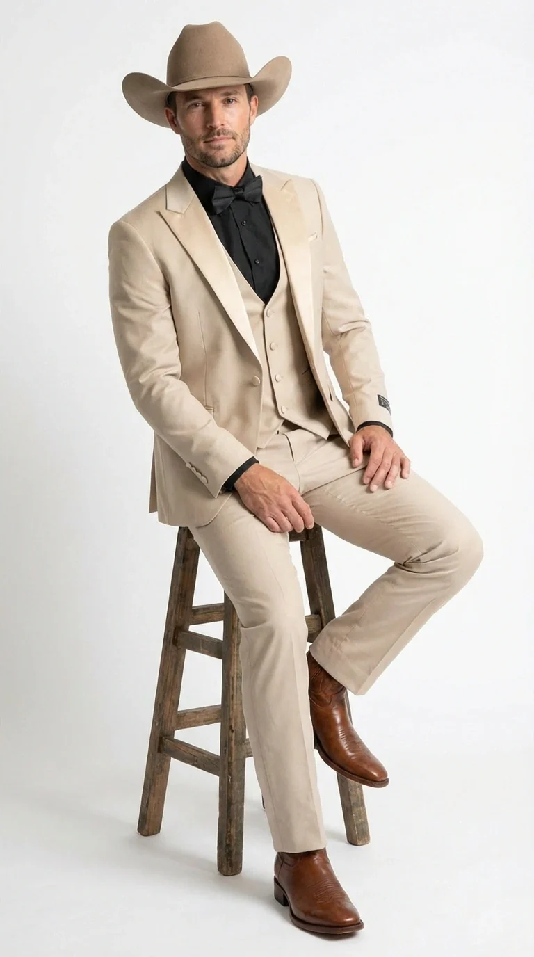 Men’s Tan Cowboy Suit – Western Formal Two Piece Suit for Weddings,  Champaign Sand Color - Image 5