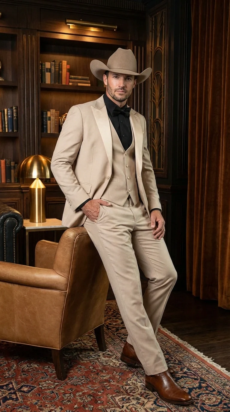 Men’s Tan Cowboy Suit – Western Formal Two Piece Suit for Weddings,  Champaign Sand Color - Image 7