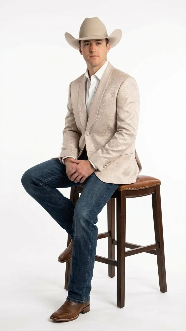 Men’s Tan Khaki Beige Cream Champaign Paisley Western Blazer Jacket, Embossed Dress Sport Coat for Wedding Party Rodeo Style - Image 3